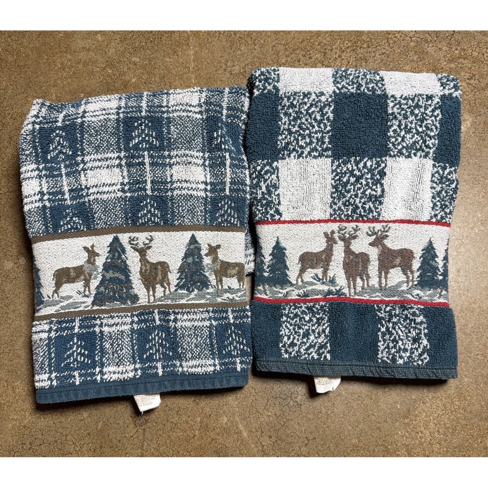 Vintage Christmas Green Plaid Deer Towels